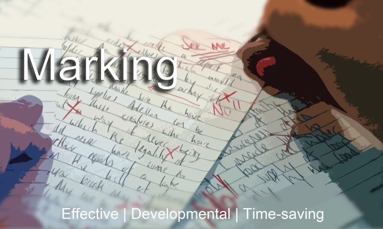 A teacher marking a exam paper